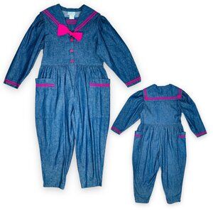 Vintage Girls Light Denim Sailor Collared Long Sleeve Jumpsuit Romper Outfit 7